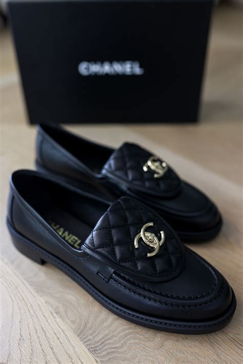 chanel loafers lambskin black|Chanel lambskin loafers.